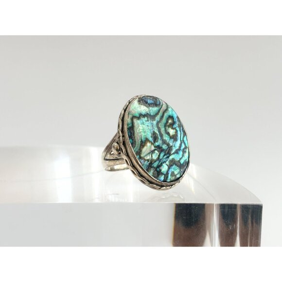 Natural Abalone Oval Southwest Split Shank 925 Sterling Silver Vintage Ring sz 8 - Picture 3 of 13